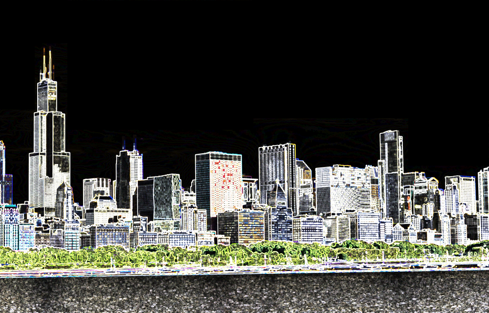 Day-for-night city skyline View of downtown Chicago, Illinois, USA, facing Lake Michigan, with Grant Park and Montrose Harbor in foreground, digitally altered for nocturnal effect